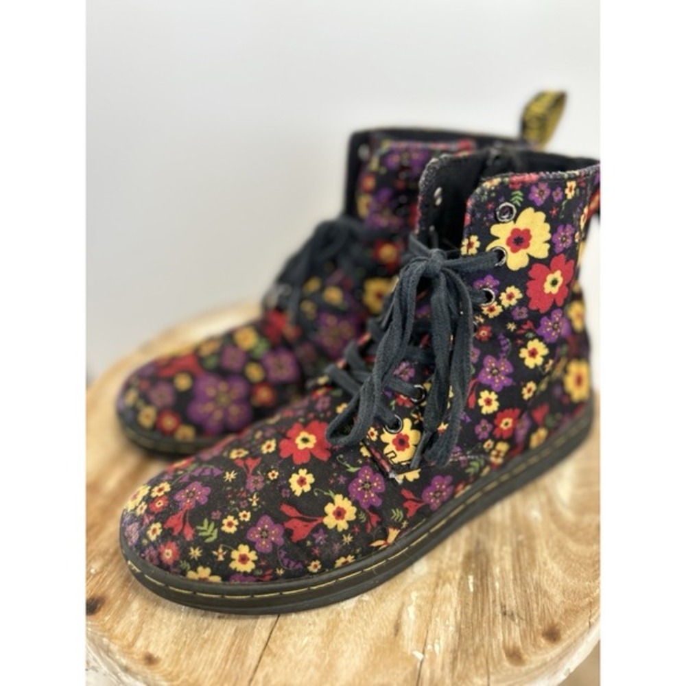 Dr Martens Marley Floral Canvas Lace Up Boots Girls 3 Flowers - Picture 3 of 8